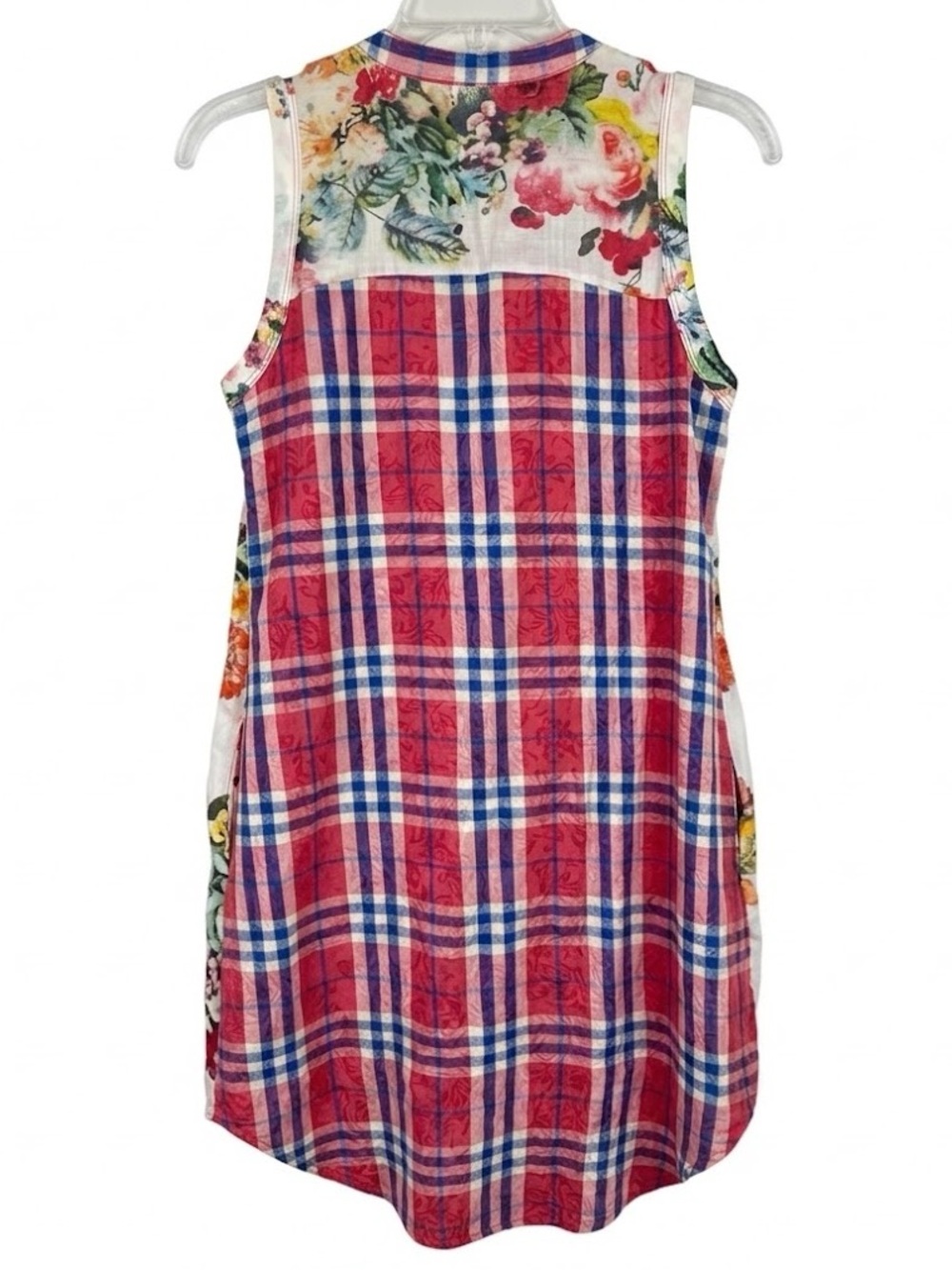 Aratta floral front and plaid back, long length and sleeveless button down shirt